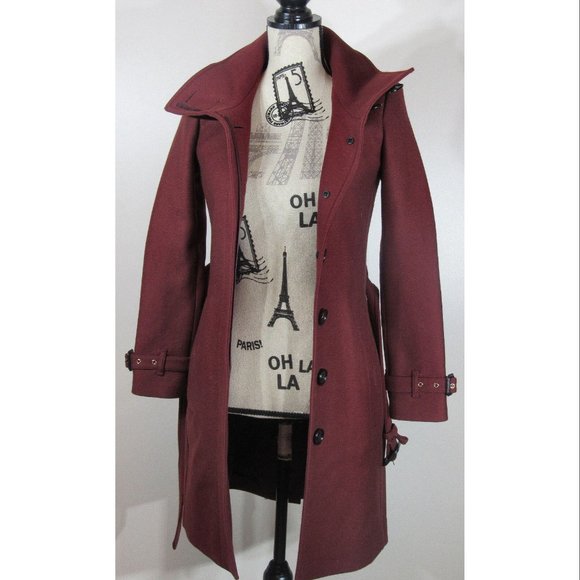 Burberry Technical Wool Cashmere Funnel Neck Coat, Burgundy, Size 0 US, 2 UK - Picture 3 of 11